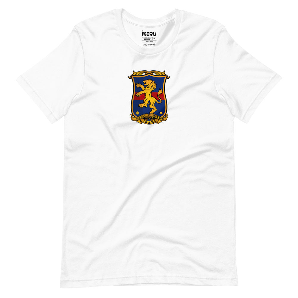 Ikaru Coat of Arms graphic t-shirt in white, original heraldic character design