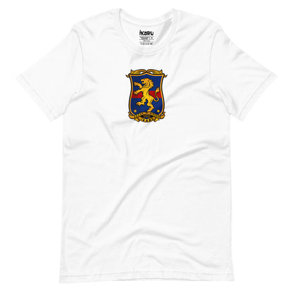 Ikaru Coat of Arms graphic t-shirt in white, original heraldic character design