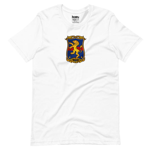 Ikaru Coat of Arms graphic t-shirt in white, original heraldic character design
