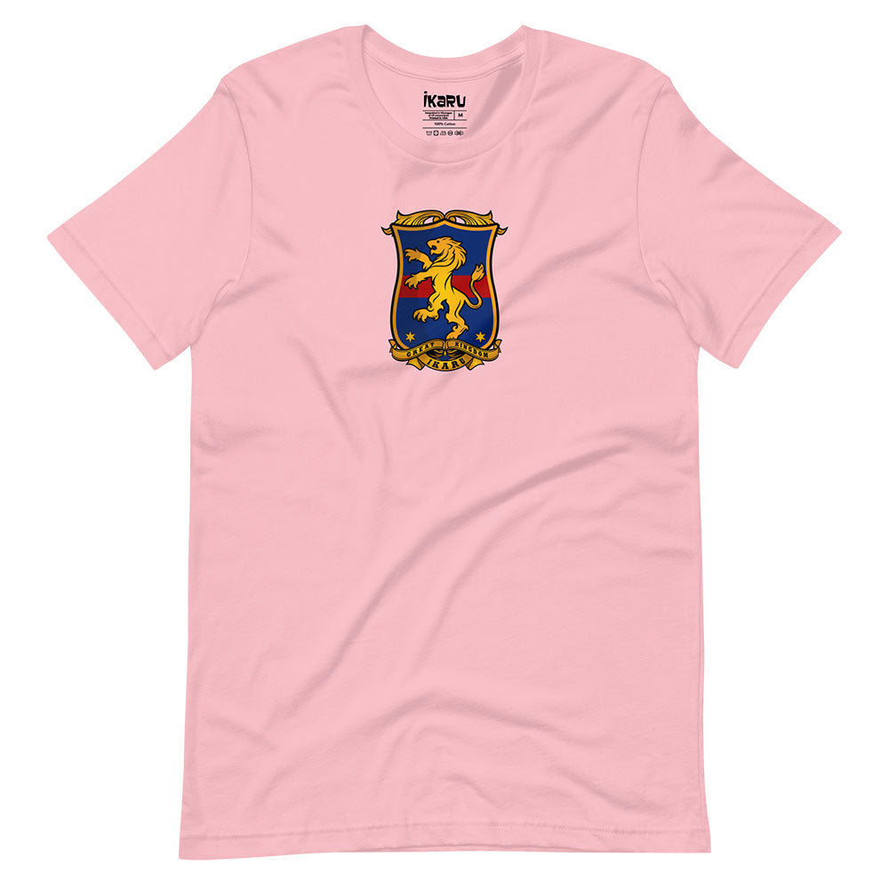 Ikaru Coat of Arms graphic t-shirt in pink, original heraldic character design