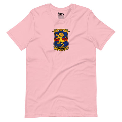 Ikaru Coat of Arms graphic t-shirt in pink, original heraldic character design