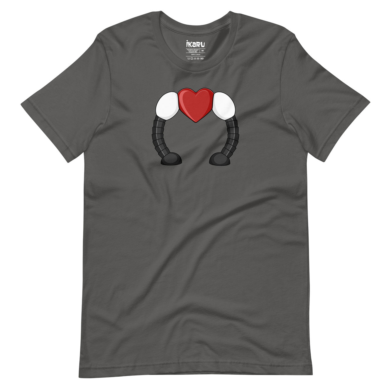 Ikaru's Heart graphic t-shirt in asphalt gray, original character illustration