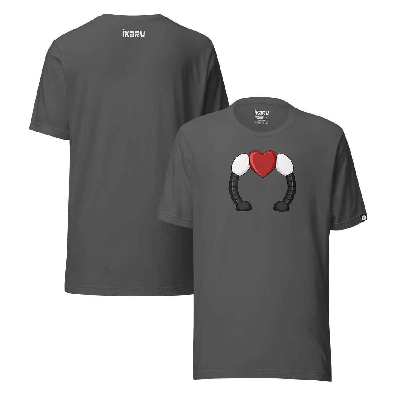 Ikaru's Heart graphic t-shirt in asphalt gray, original character illustration