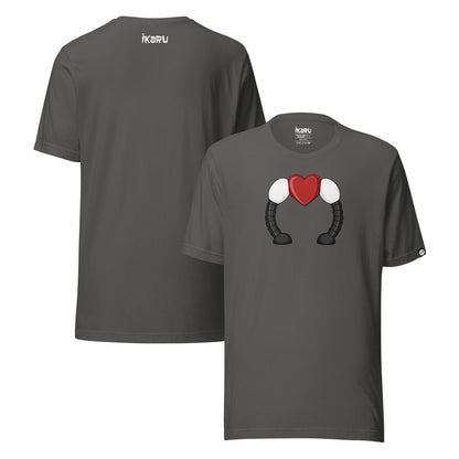 Ikaru's Heart graphic t-shirt in asphalt gray, original character illustration