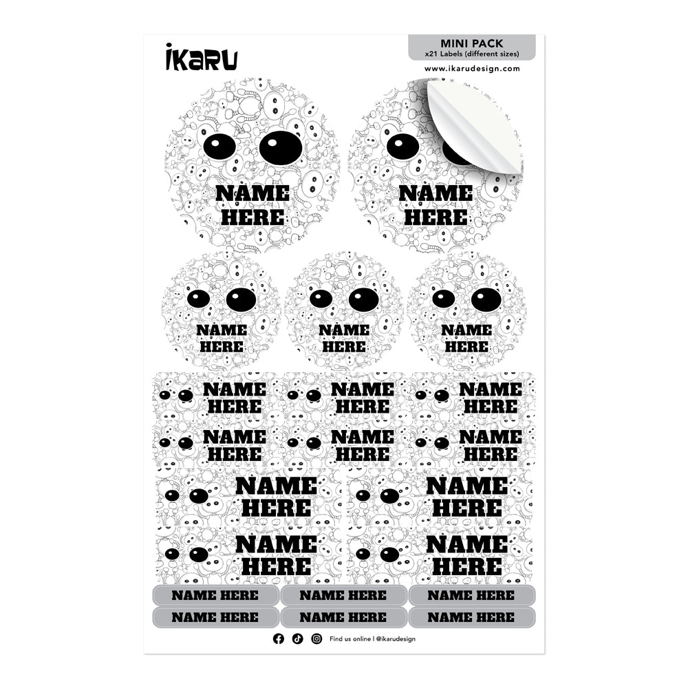 Sheet of personalized name labels with ikaru branding on a white background

 Ikaru [Nombre] personalized name label sheet, original character design