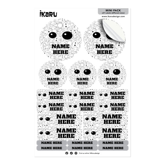 Sheet of personalized name labels with ikaru branding on a white background

 Ikaru [Nombre] personalized name label sheet, original character design