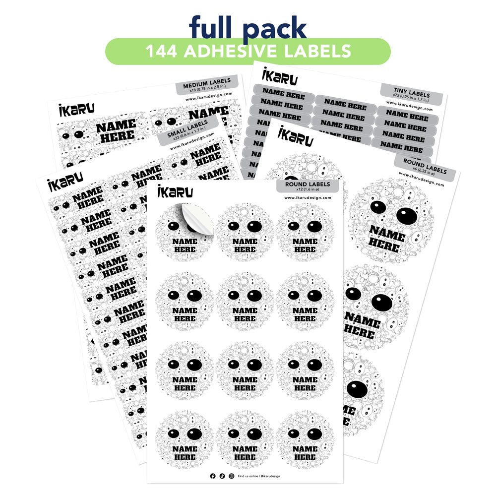 Sheet of personalized name labels with ikaru branding on a white background

 Ikaru [Nombre] personalized name label sheet, original character design