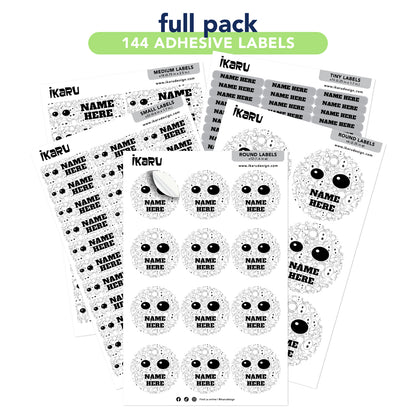 Sheet of personalized name labels with ikaru branding on a white background

 Ikaru [Nombre] personalized name label sheet, original character design