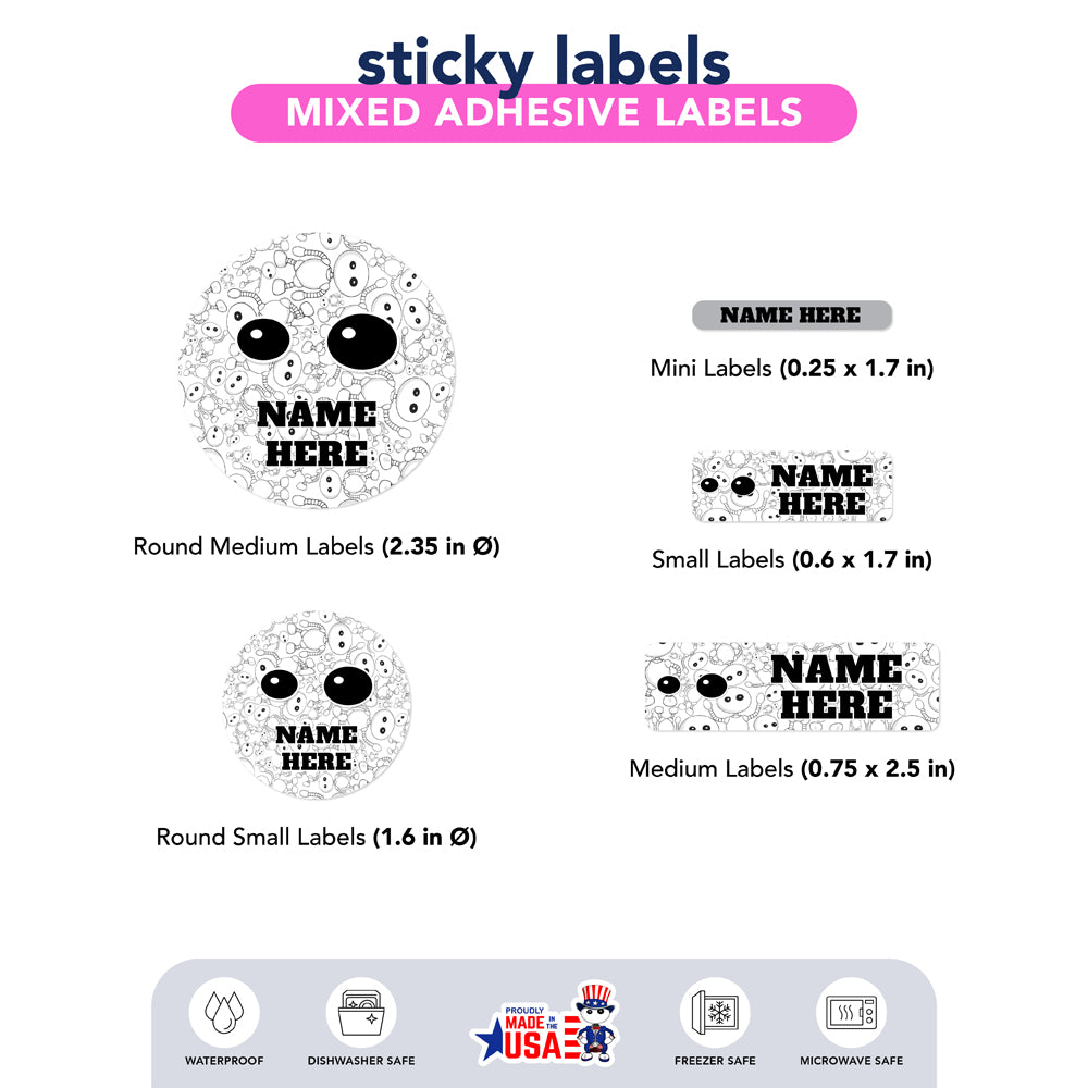 Sheet of personalized name labels with ikaru branding on a white background

 Ikaru [Nombre] personalized name label sheet, original character design