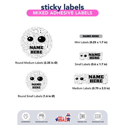 Sheet of personalized name labels with ikaru branding on a white background

 Ikaru [Nombre] personalized name label sheet, original character design