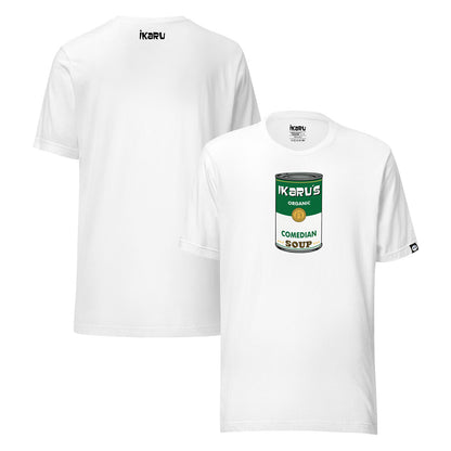 Ikaru Comedian Soup graphic t-shirt in white, original pop art character design