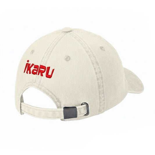 Ikaru embroidered baseball cap in stone color, Aspiring a Better World design