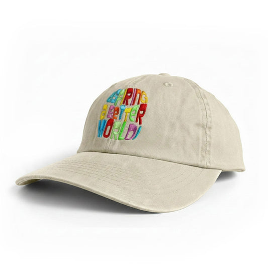 Ikaru embroidered baseball cap in stone color, Aspiring a Better World design